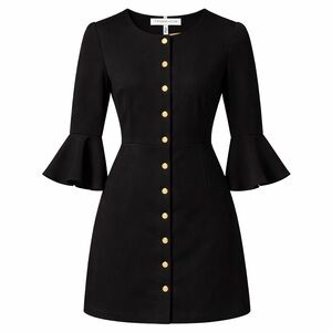 Trina Turk Black Dress Size 0 Bell Sleeve Gold Button Front Career Cocktail Mini